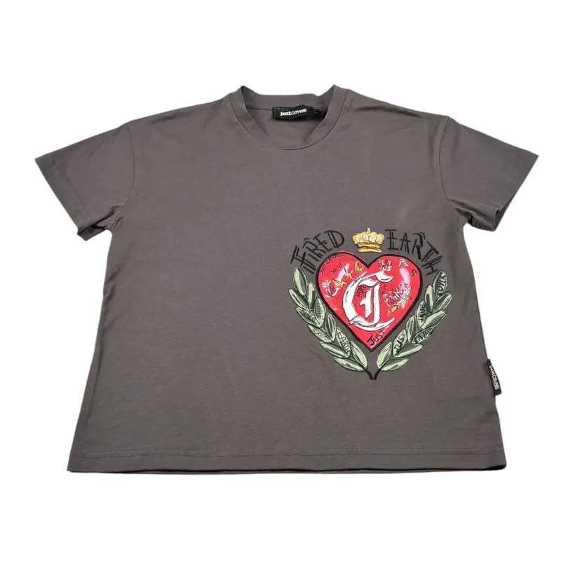 Just Cavalli T-Shirt Girocollo tinta unita con Ricami Grigio per Bambino