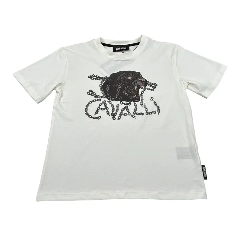 Just Cavalli T-Shirt Girocollo tinta unita con Stampa Panna per Bambino