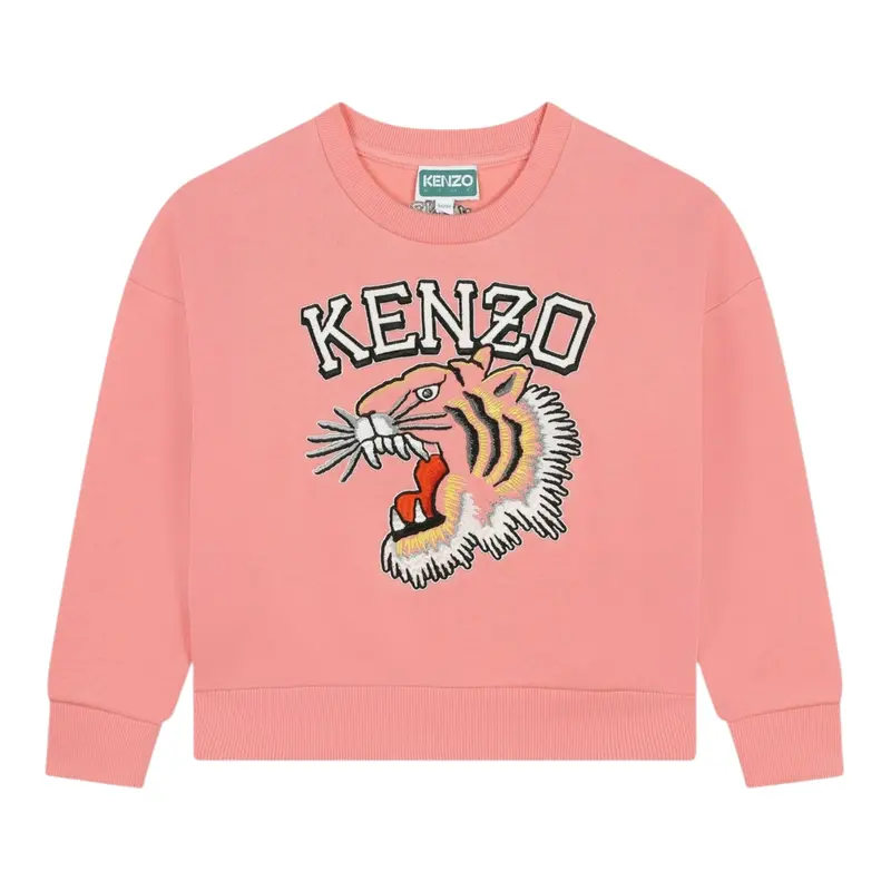 Kenzo Felpa Chiusa Girocollo tinta unita con Logo Rosa per Bambina