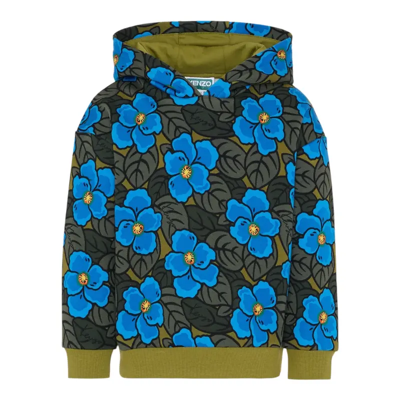 Kenzo Felpa tinta unita con Fantasia Fiori E Cappuccio Verde per Neonato