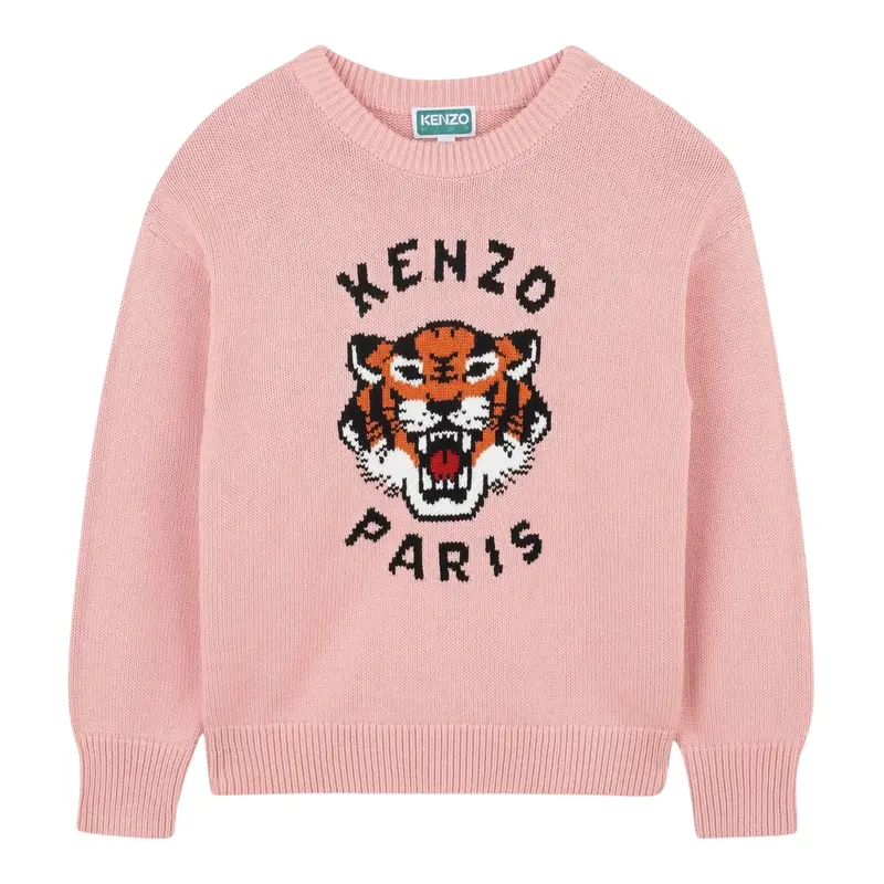 Kenzo Maglia Girocollo tinta unita con Ricami Logo Rosa per Bambina