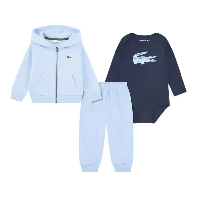 Lacoste Completo 3 Pezzi Felpa-Pantalone-Body Bicolore Azzurro per Neonato