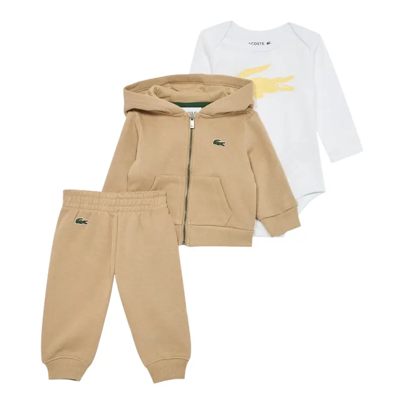 Lacoste Completo 3 Pezzi Felpa-Pantalone-Body Bicolore Beige per Neonato