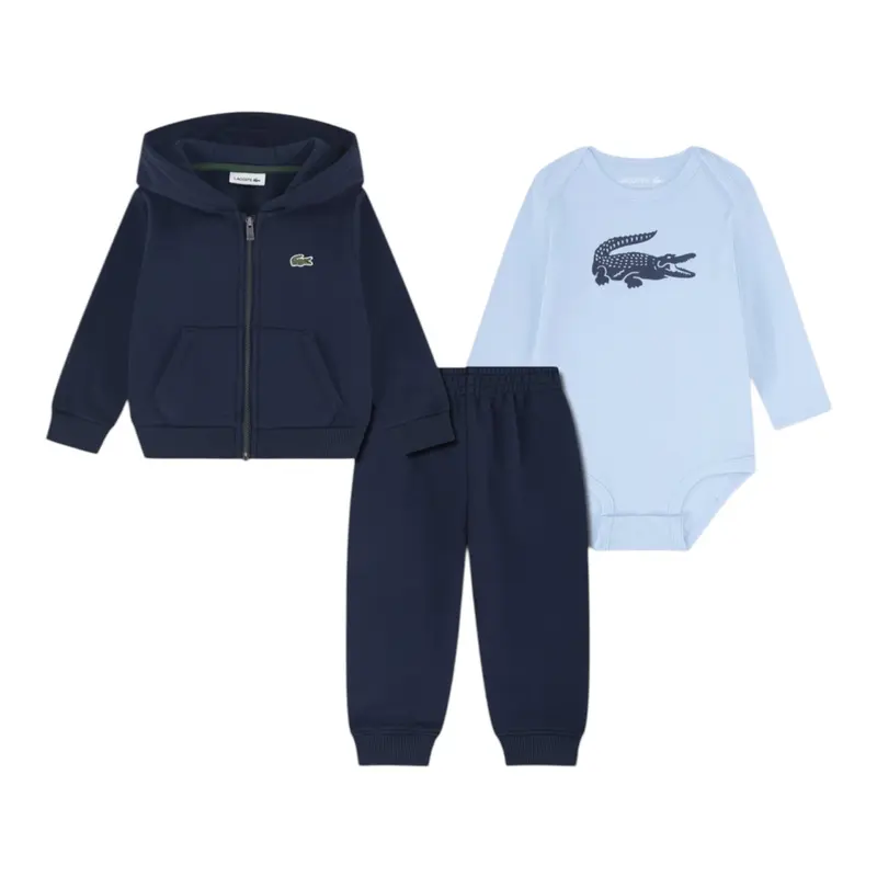 Lacoste Completo 3 Pezzi Felpa-Pantalone-Body Bicolore Blu per Neonato