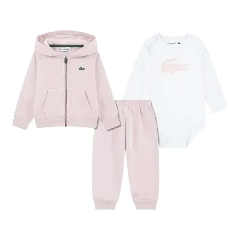 Lacoste Completo 3Pz Felpa-Pantalone-Body Rosa per Neonata