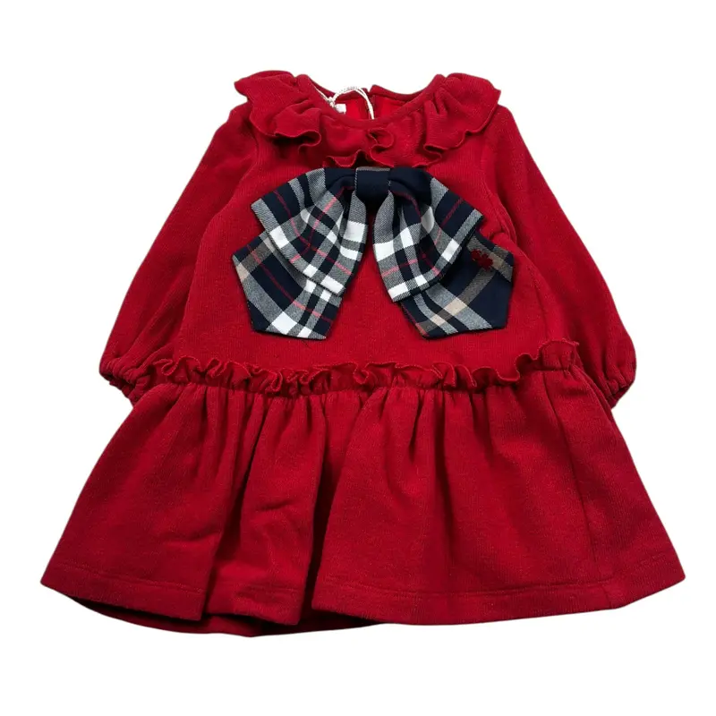 Le Bebe Abito Manica Lunga tinta unita con Fiocco Rosso per Neonata