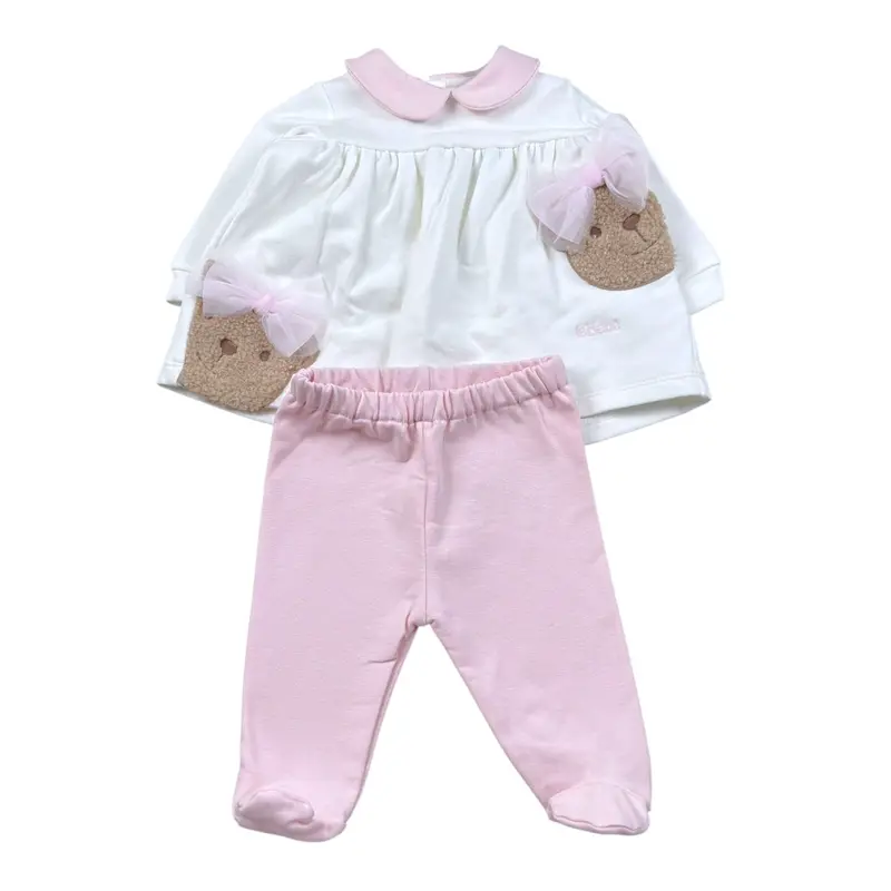 Le Bebe' Completo 2Pz Maglia-Ghettina In Velluto Bianco/Rosa per Neonata