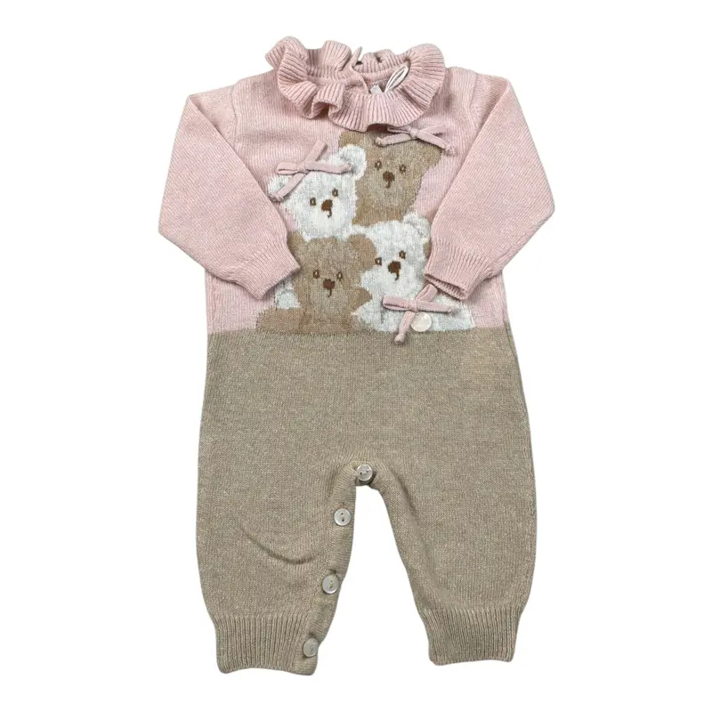 Le Bebe' Tutina Bicolore con Stampa Colletto Rosa/Beige per Neonata