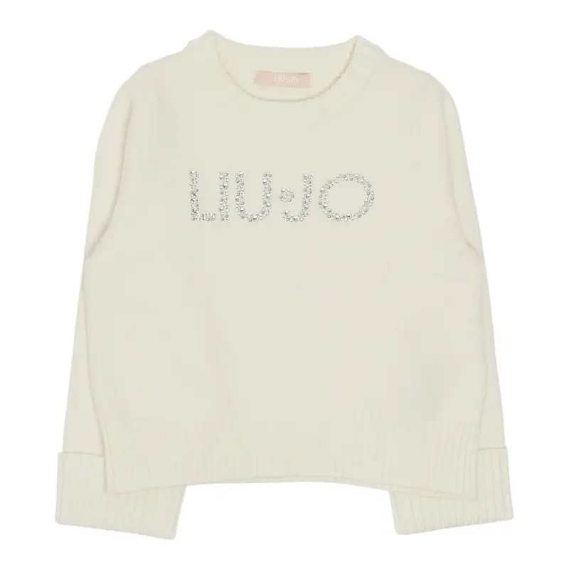 Liu Jo Maglia Girocollo tinta unita con Brillantini Panna per Bambina