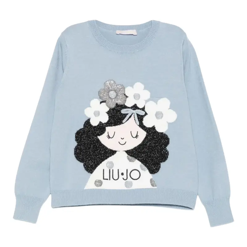 Liu Jo Maglia Girocollo tinta unita con Ricami Azzurro per Bambina