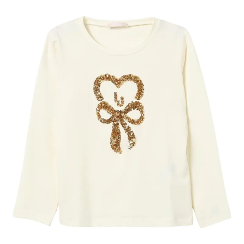 Liu Jo Shirt Collo Alto tinta unita con Paillettes Panna per Bambina