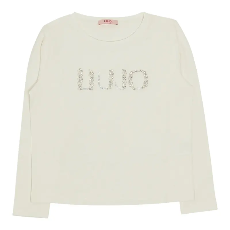 Liu Jo Shirt Girocollo tinta unita con Brillantini Bianco per Bambina