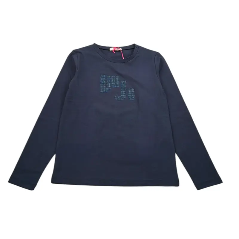 Liu Jo Shirt Girocollo tinta unita con Brillantini Blu per Bambina