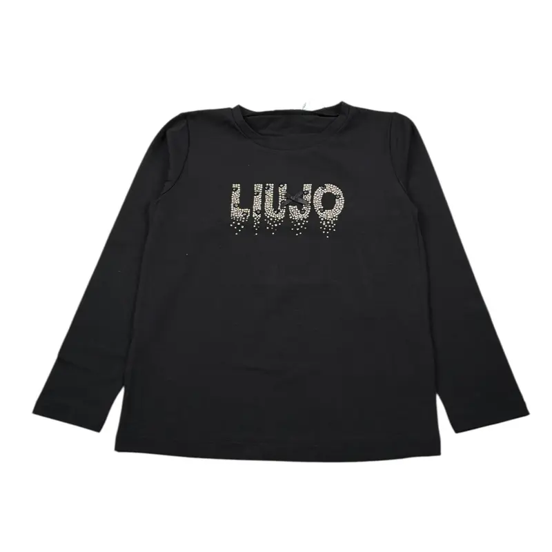 Liu Jo Shirt Girocollo tinta unita con Brillantini Nero per Bambina