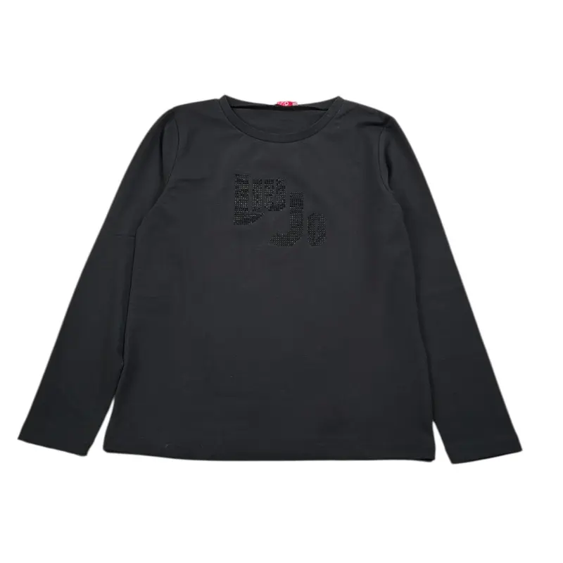 Liu Jo Shirt Girocollo tinta unita con Brillantini Nero per Bambina