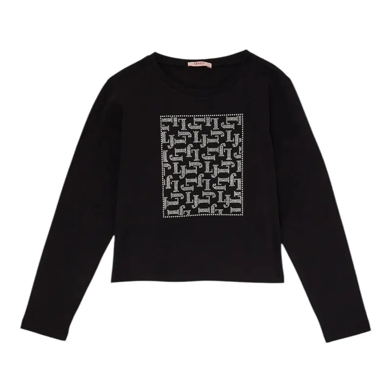Liu Jo Shirt Girocollo tinta unita con Brillantini Nero per Bambina