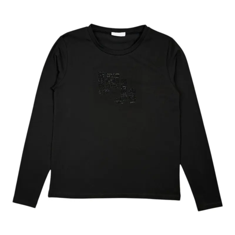 Liu Jo Shirt Girocollo tinta unita con Brillantini Nero per Bambina
