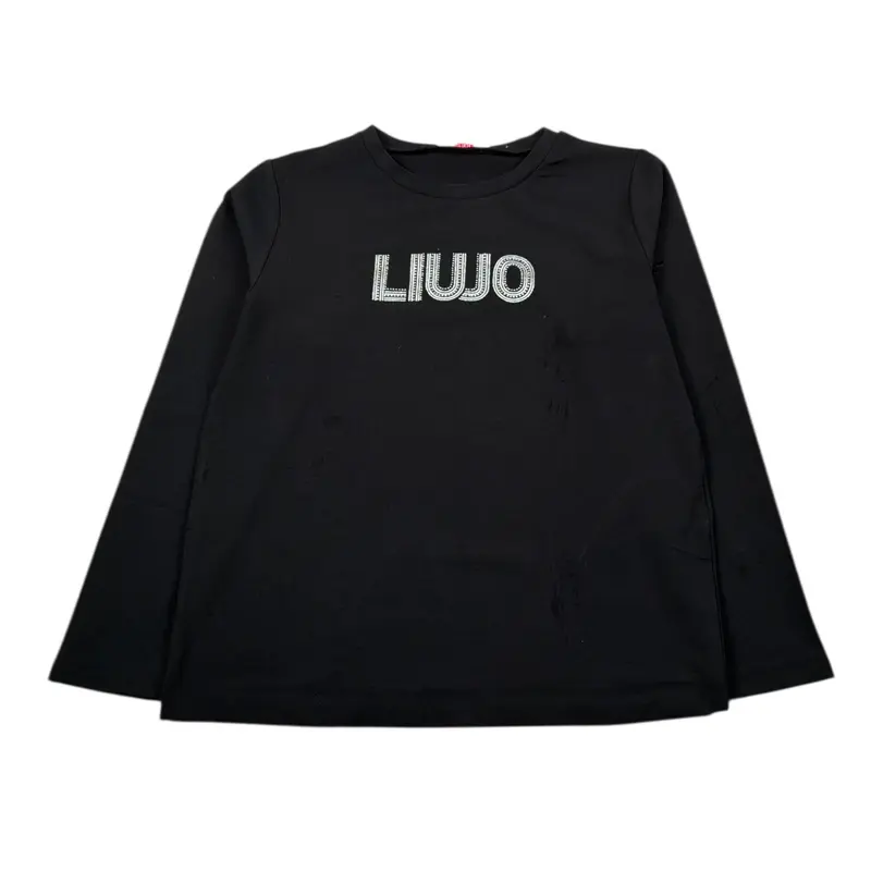 Liu Jo Shirt Girocollo tinta unita con Brillantini Nero per Bambina
