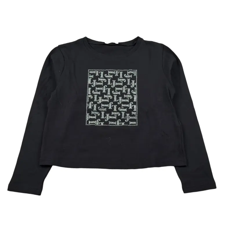 Liu Jo Shirt Girocollo tinta unita con Brillantini Nero per Bambina