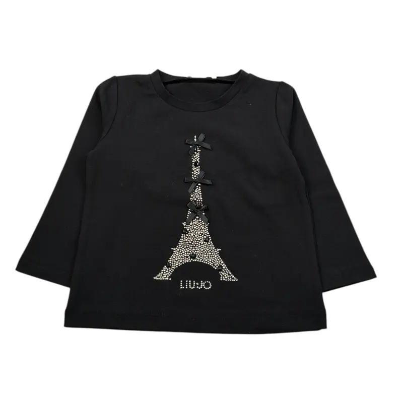 Liu Jo Shirt Girocollo tinta unita con Brillantini Nero per Neonata