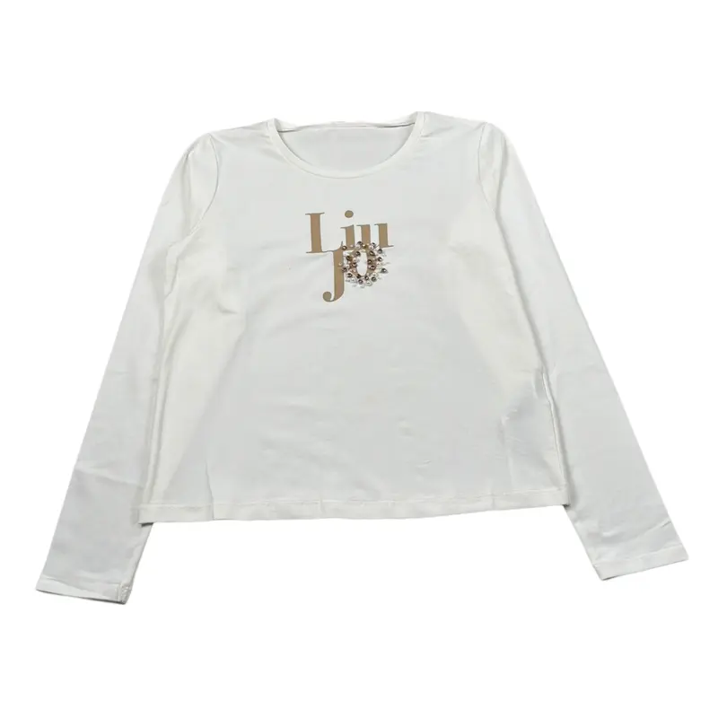 Liu Jo Shirt Girocollo tinta unita con Brillantini Panna per Bambina