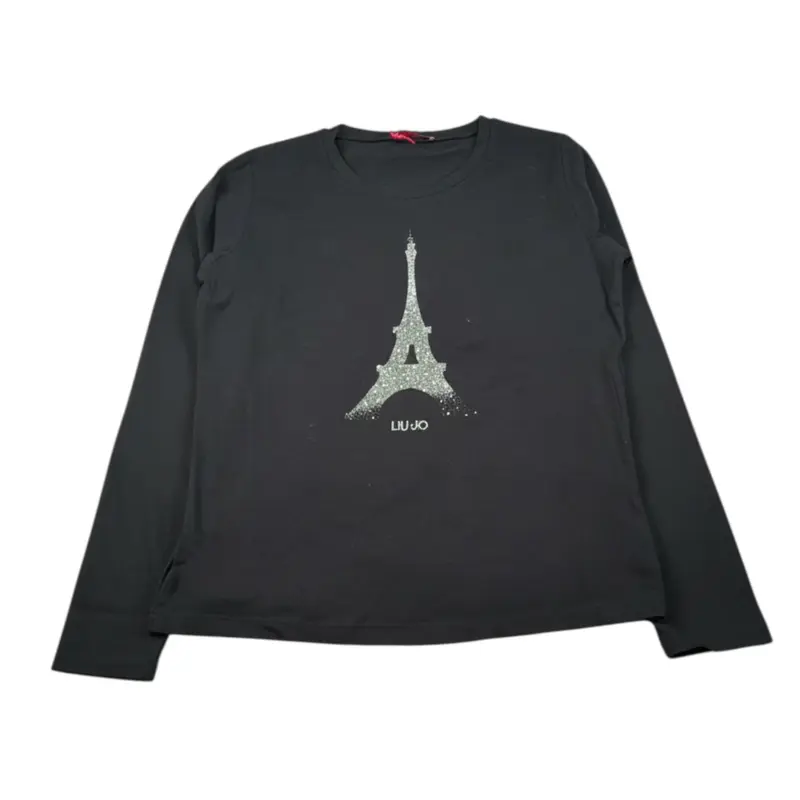 Liu Jo Shirt Girocollo tinta unita con Logo Nero per Bambina