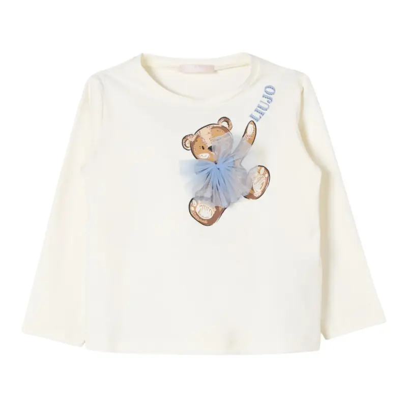 LIU JO shirt girocollo tinta unita con stampa brillantinata e fiocco Panna per Bambina
