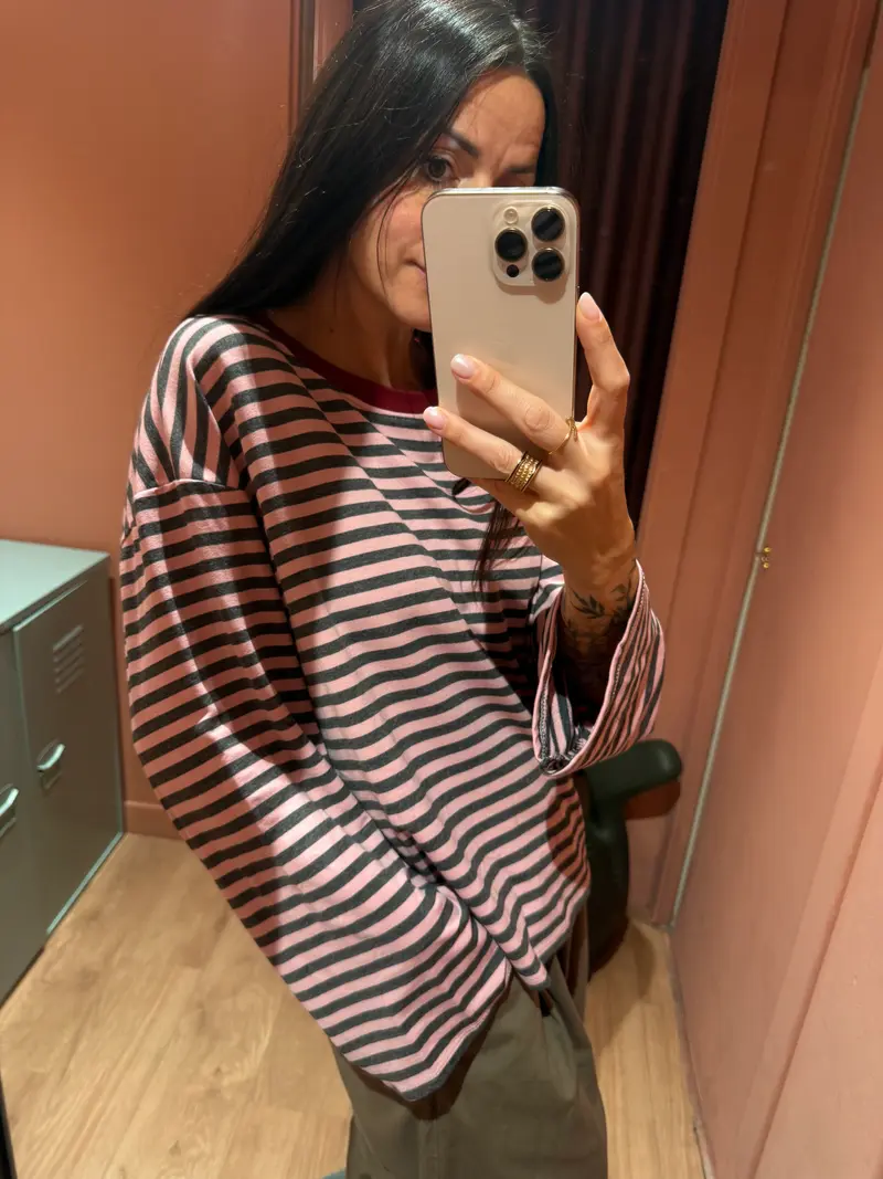 Maglia oversize righe rosa grigio