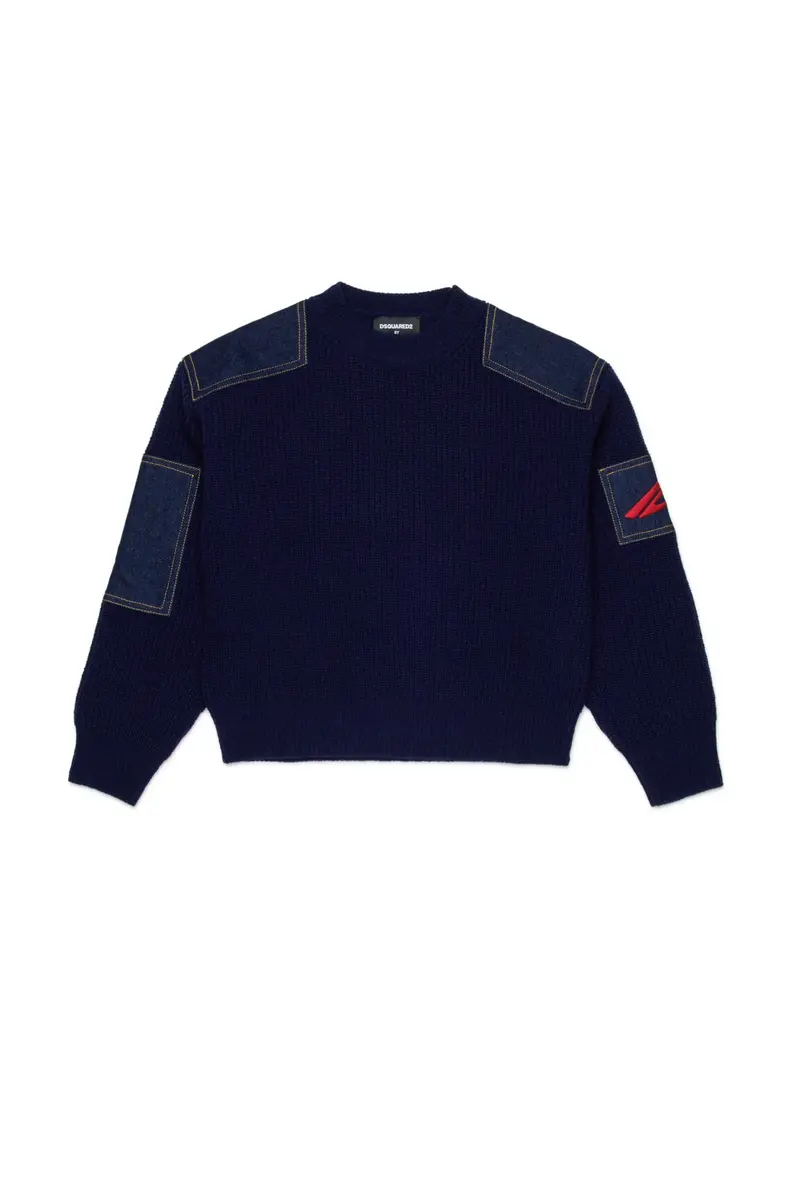 MAGLIONE BLU CON INSERETI IN DENIM CON LOGO ROSSO ICON DSQUARED2