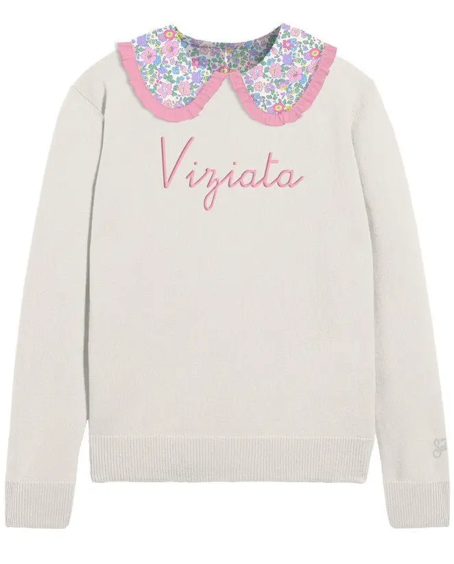 MAGLIONE CON COLLETTO A FIORI E SCRITTA ROSA IN RICAMO "VIZIATA" DI MC2 SAINT BARTH