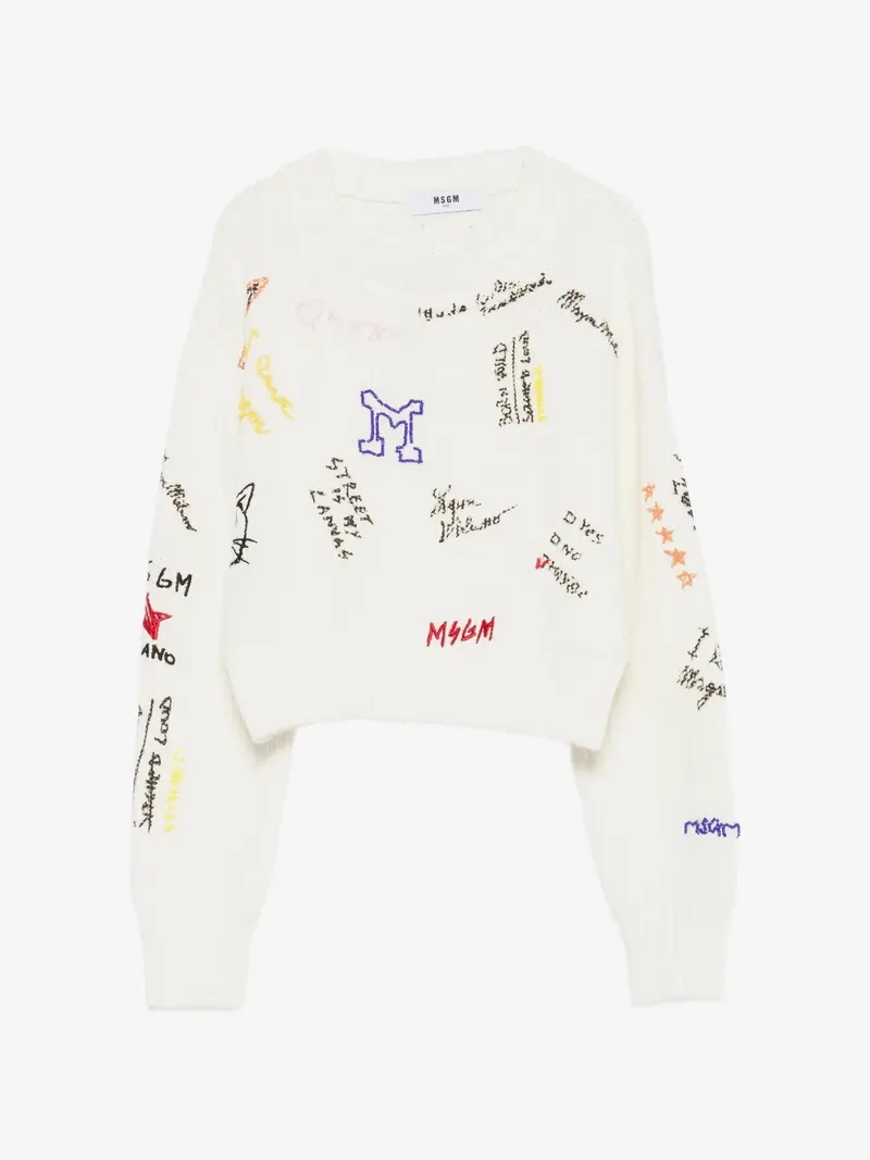 MAGLIONE CROPPED BIANCO LOGATO MSGM