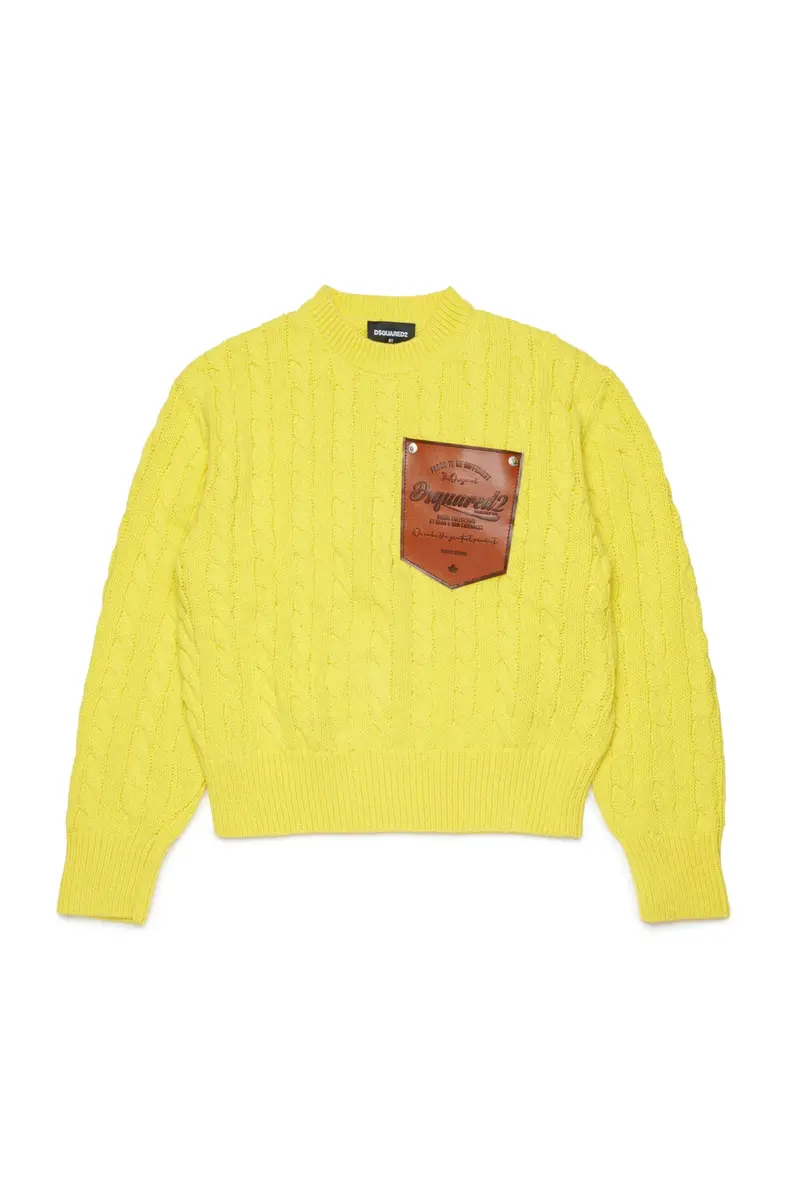 MAGLIONE IN TRECCIATO GIALLO CON TASCA MARRONE CON LOGO DSQUARED2