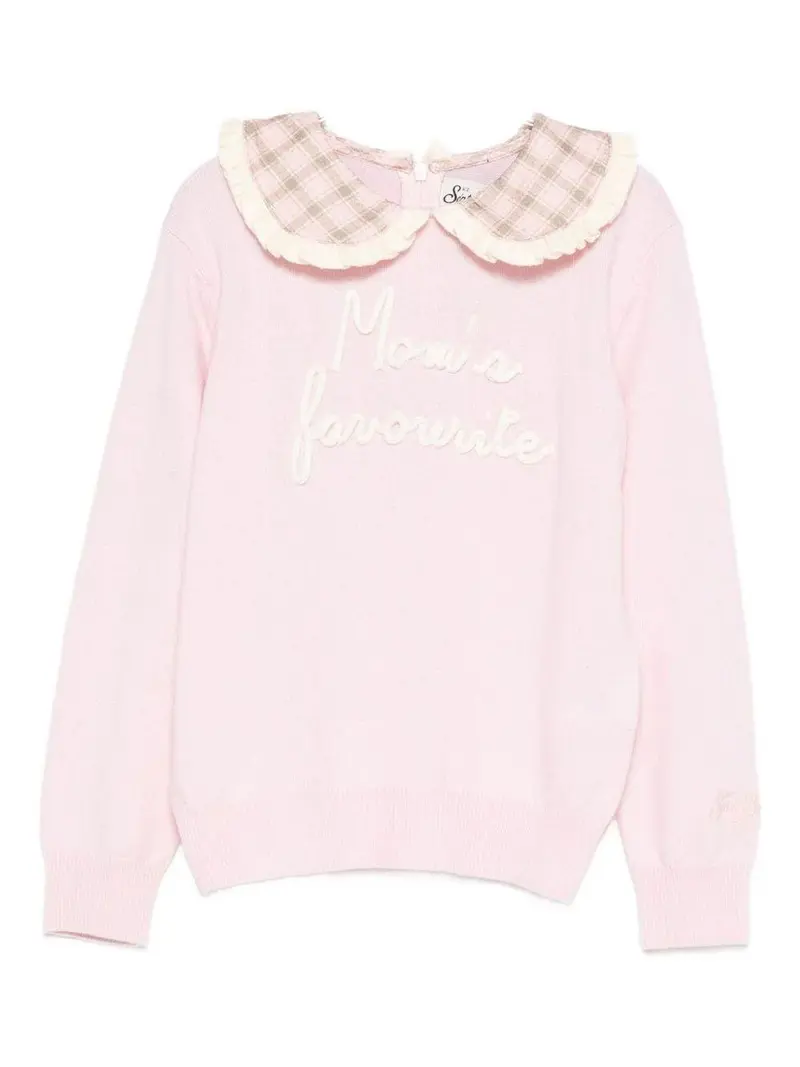 MAGLIONE ROSA CHIARO CON COLLETTO A QUADRETTI CON RICAMO "MOM'S FAVOURITE" DI MC2 SAINT BARTH