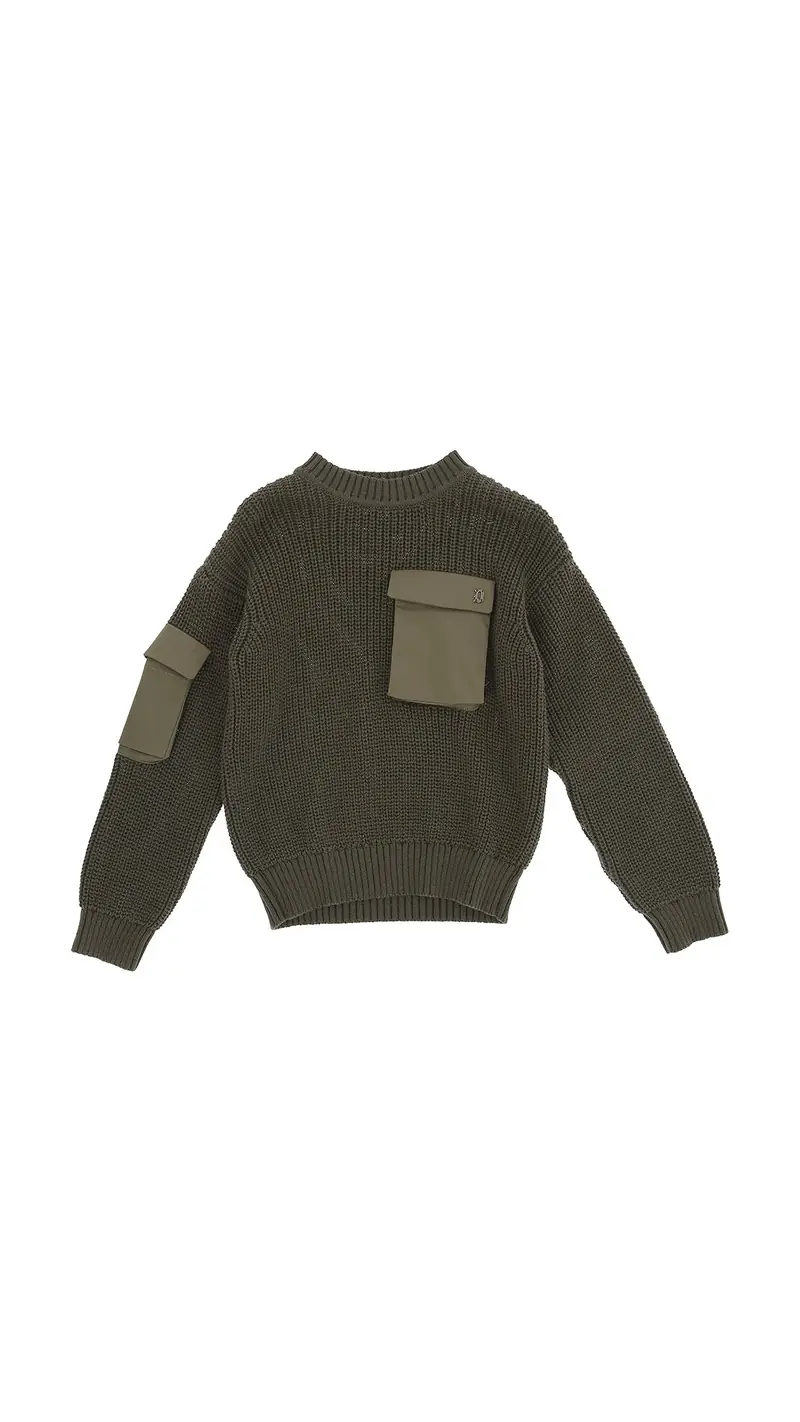 MAGLIONE VERDE CON TASCHINO IN STOFFAE CON LOGO DONDUP