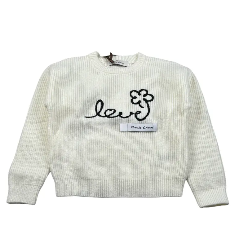 Manila Grace Maglia Girocollo tinta unita con Ricami Panna per Bambina