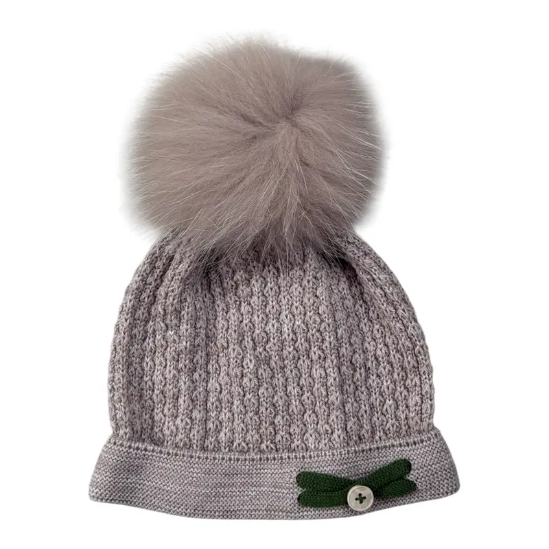 Marlu' Cappello tinta unita con Pon Pon Beige per Neonato