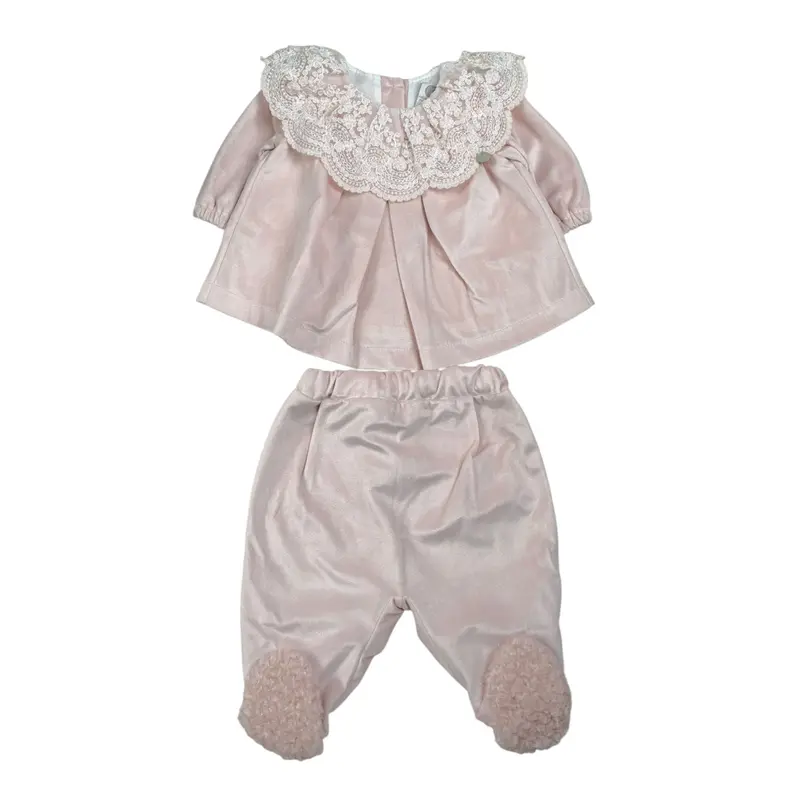 Marlu' Completo 2Pz Maglia-Ghettina tinta unita con Ricami Rosa per Neonata