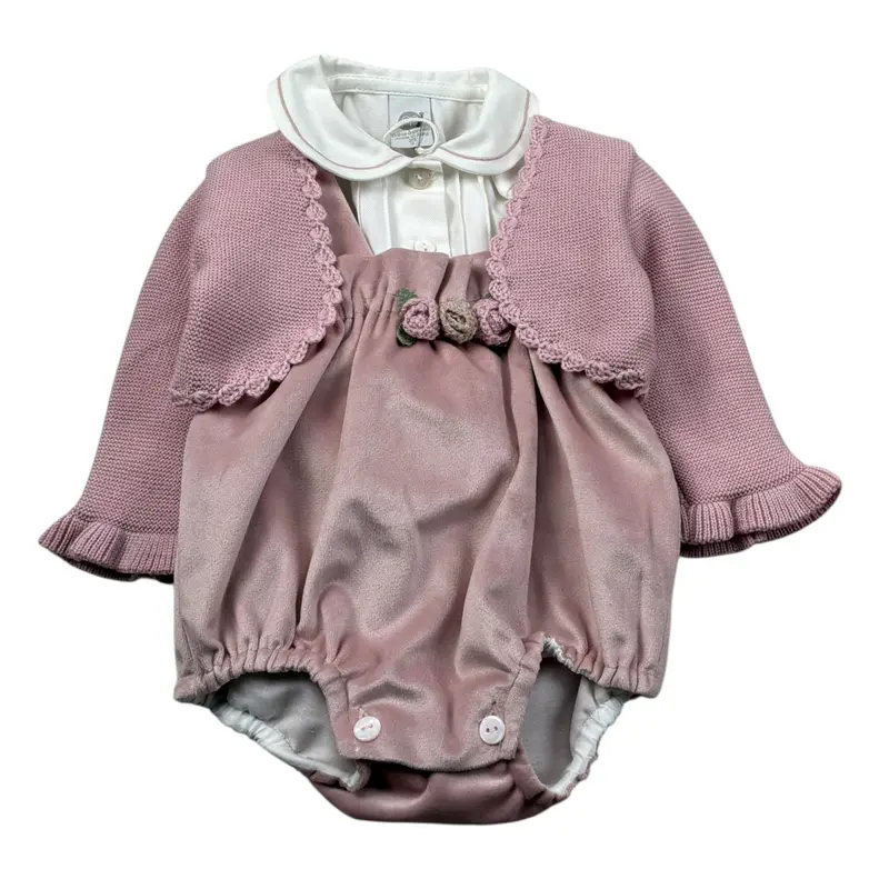 Marlu' Completo 3 Pezzi Pagliaccetto-Camicia-Cardigan Rosa per Neonata