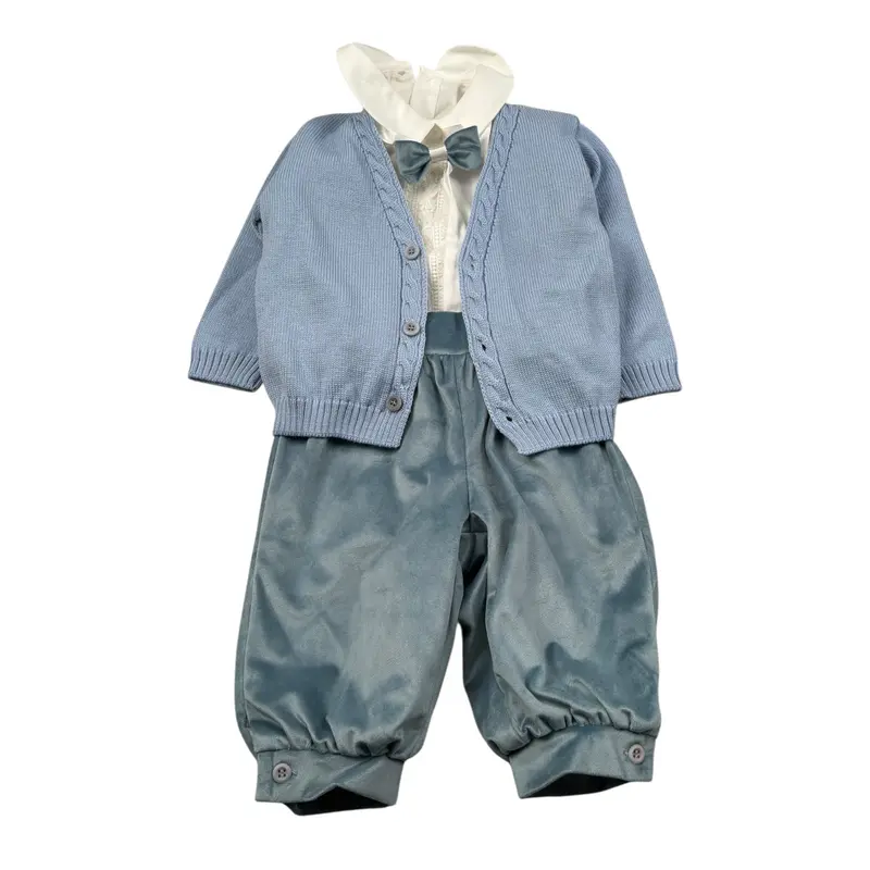 Marlu' Completo 4 Pezzi Cardigan-Camicia-Pantalone-Papillon Azzurro per Neonato