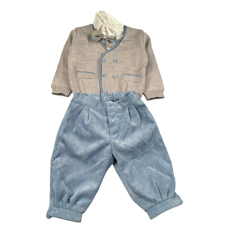 Marlu' Completo 4 Pezzi Cardigan-Camicia-Pantalone-Papillon Grigio/Azzurro per Neonato
