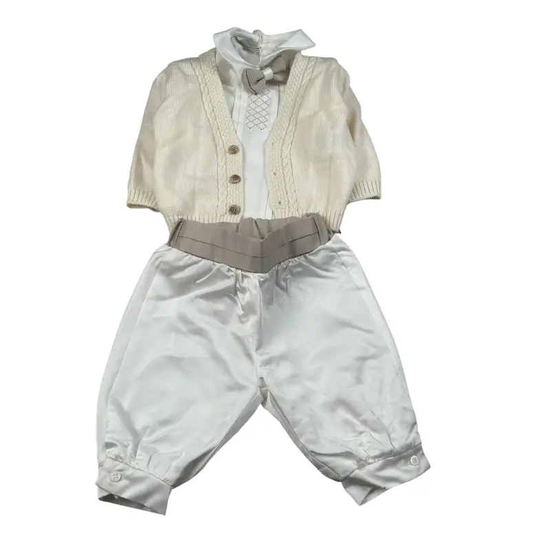 Marlu' Completo 4 Pezzi Cardigan-Camicia-Pantalone-Papillon Panna per Neonato
