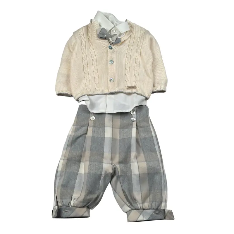 Marlu' Completo 4 Pezzi Cardigan-Camicia-Pantalone-Papillon Panna per Neonato