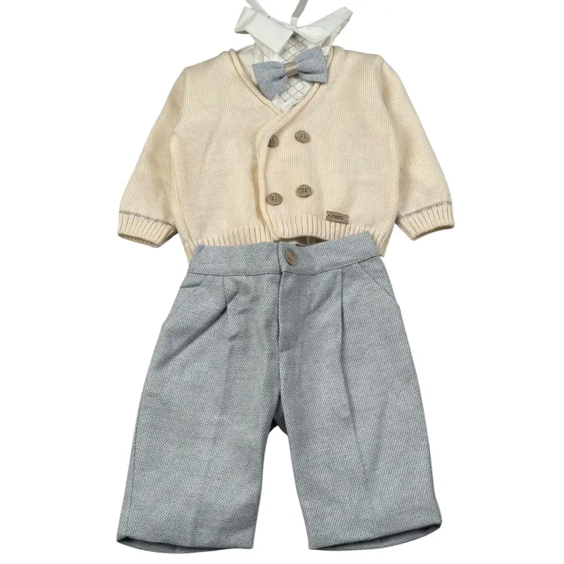 Marlu' Completo 4 Pezzi Cardigan-Camicia-Papillon-Pantalone Beige/Azzurro per Neonato