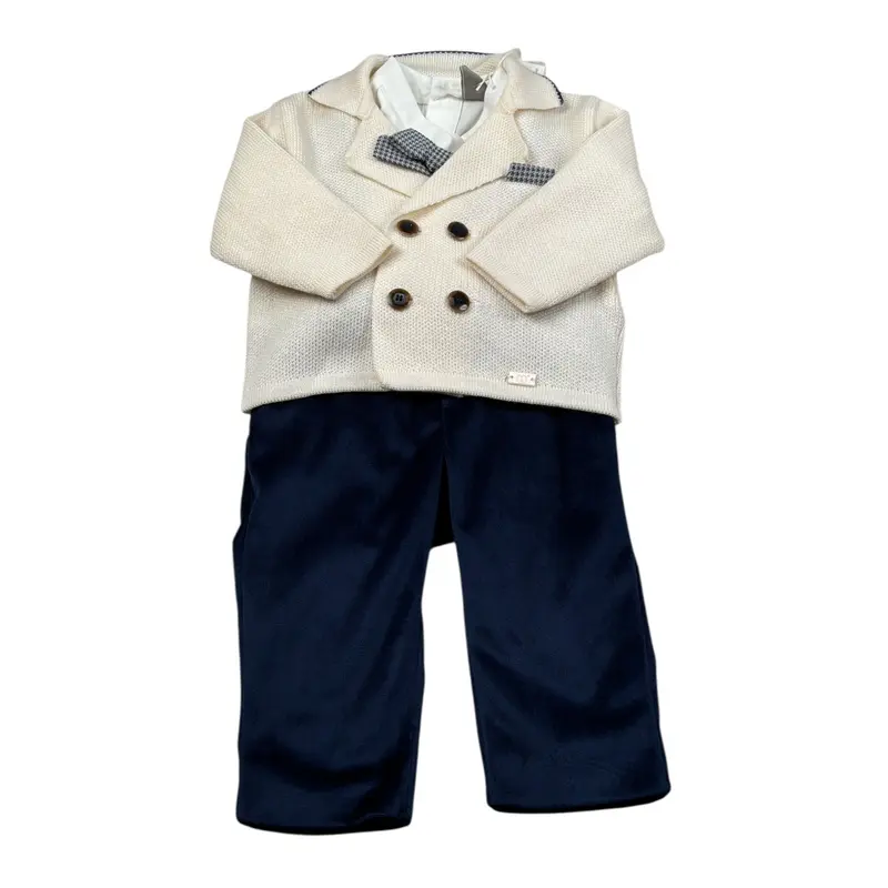 Marlu' Completo 4 Pezzi Cardigan-Camicia-Papillon-Pantalone Panna/Blu per Neonato