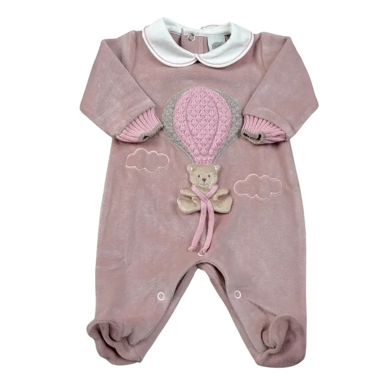 Marlu' Tutina tinta unita In Velluto con Stampa Rosa per Neonata
