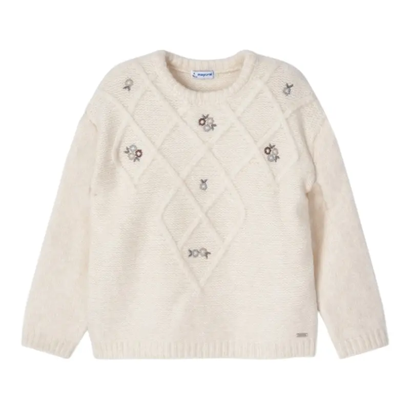 Mayoral Maglia Girocollo tinta unita con Ricami Panna per Bambina