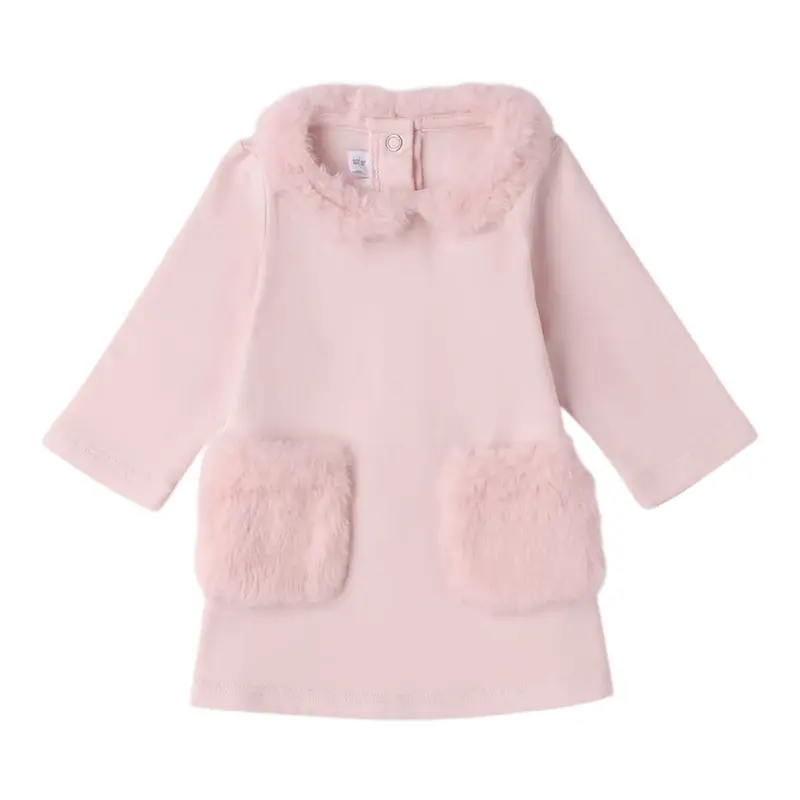 Mini Banda Abito tinta unita con Pelliccia Rosa per Neonata