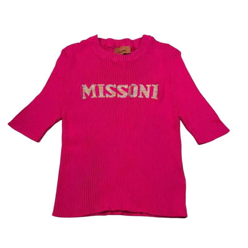 Missoni Maglia Mezza Manica tinta unita con Logo Fuxia per Bambina