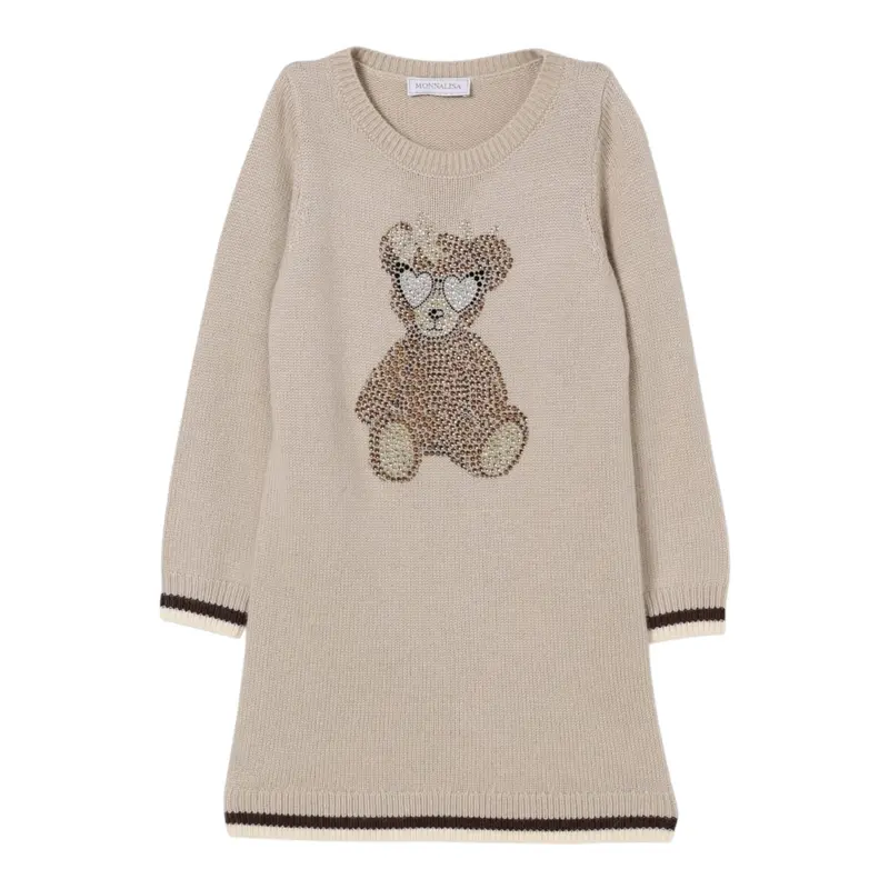Monnalisa Abito In Maglia tinta unita con Brillantini Beige per Bambina