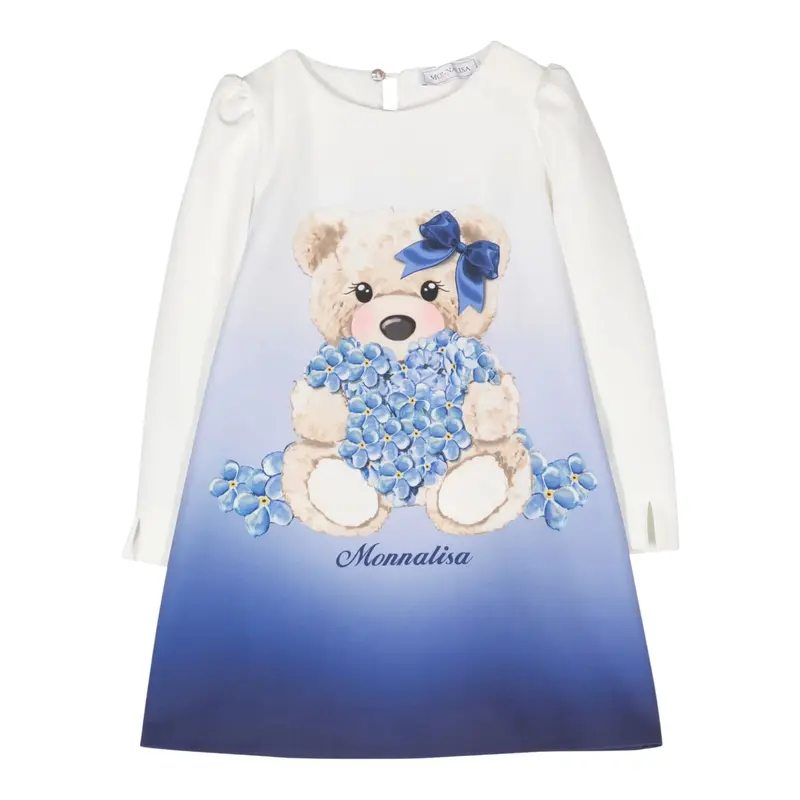 Monnalisa Abito Manica Lunga Bicolore con Stampa Panna/Blu per Bambina